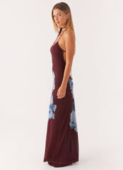 Dayana Halterneck Maxi Dress - Maroon Print