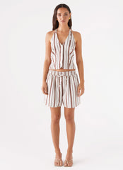 Kristen Linen Drawstring Shorts - Brown Stripe