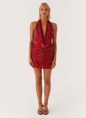 Olisa Cowl Neck Beaded Mini Dress - Red