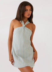 Keira Linen Micro Mini Dress - Blue Choc Stripe