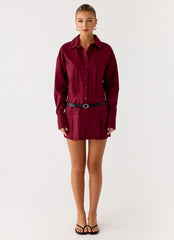 Rio Pleated Shirt Mini Dress - Maroon