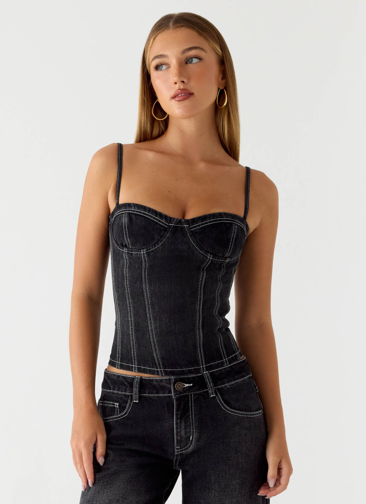 Nathan Denim Corset Top - Washed Black