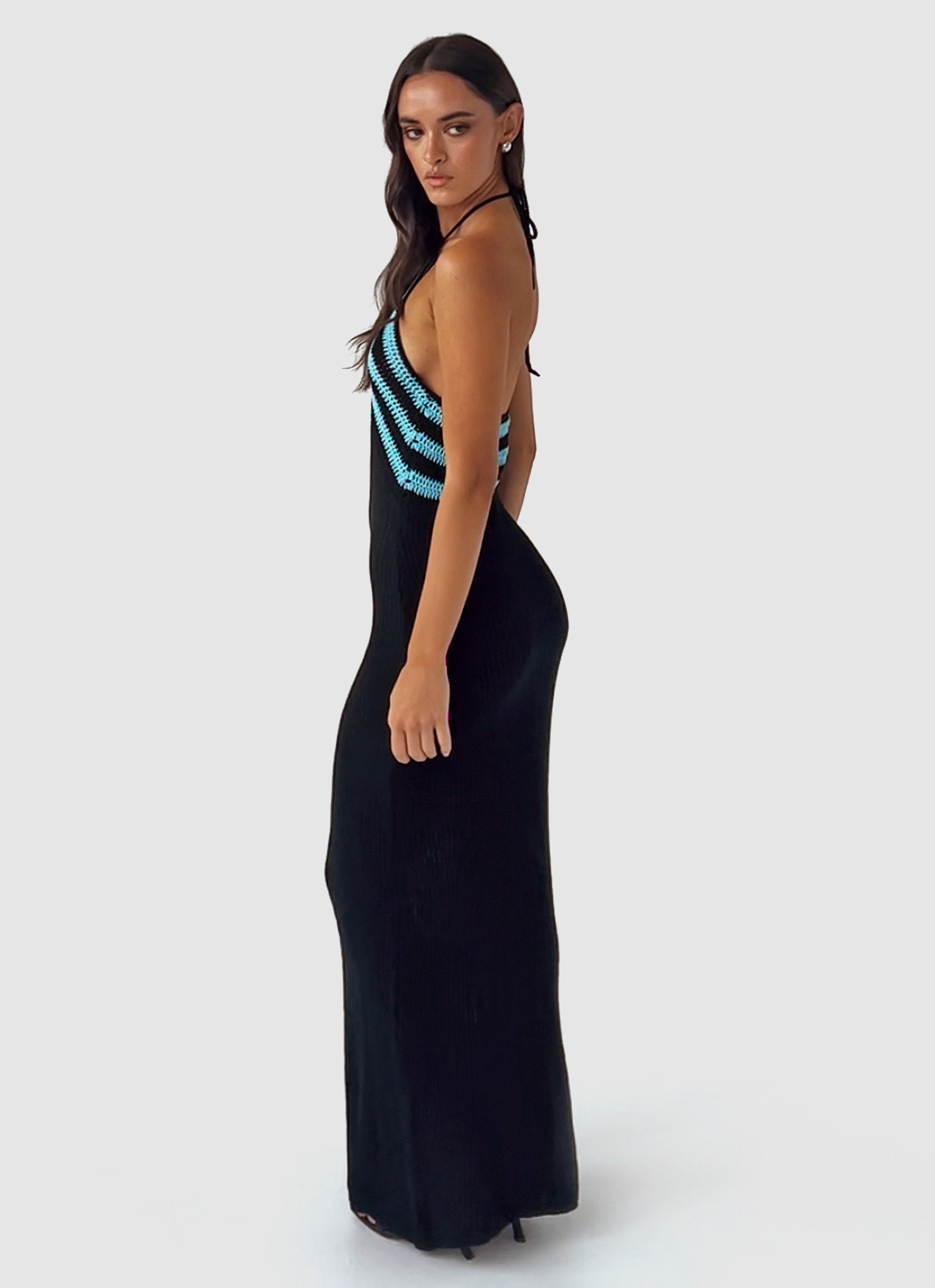 Masterpiece Halterneck Crochet Maxi Dress - Azure Stripe