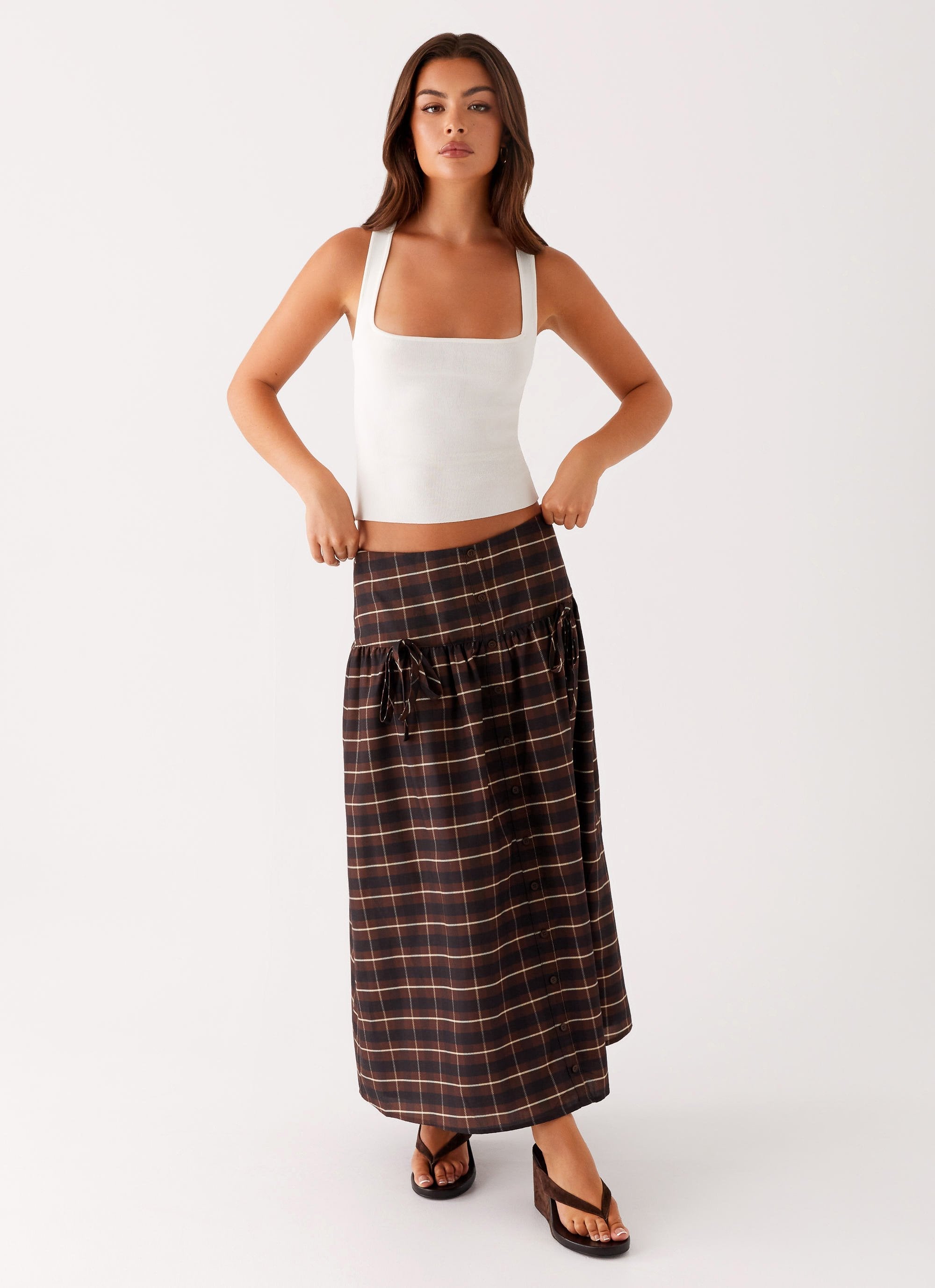 Quiet Places Cotton Midi Skirt - Chocolate Check