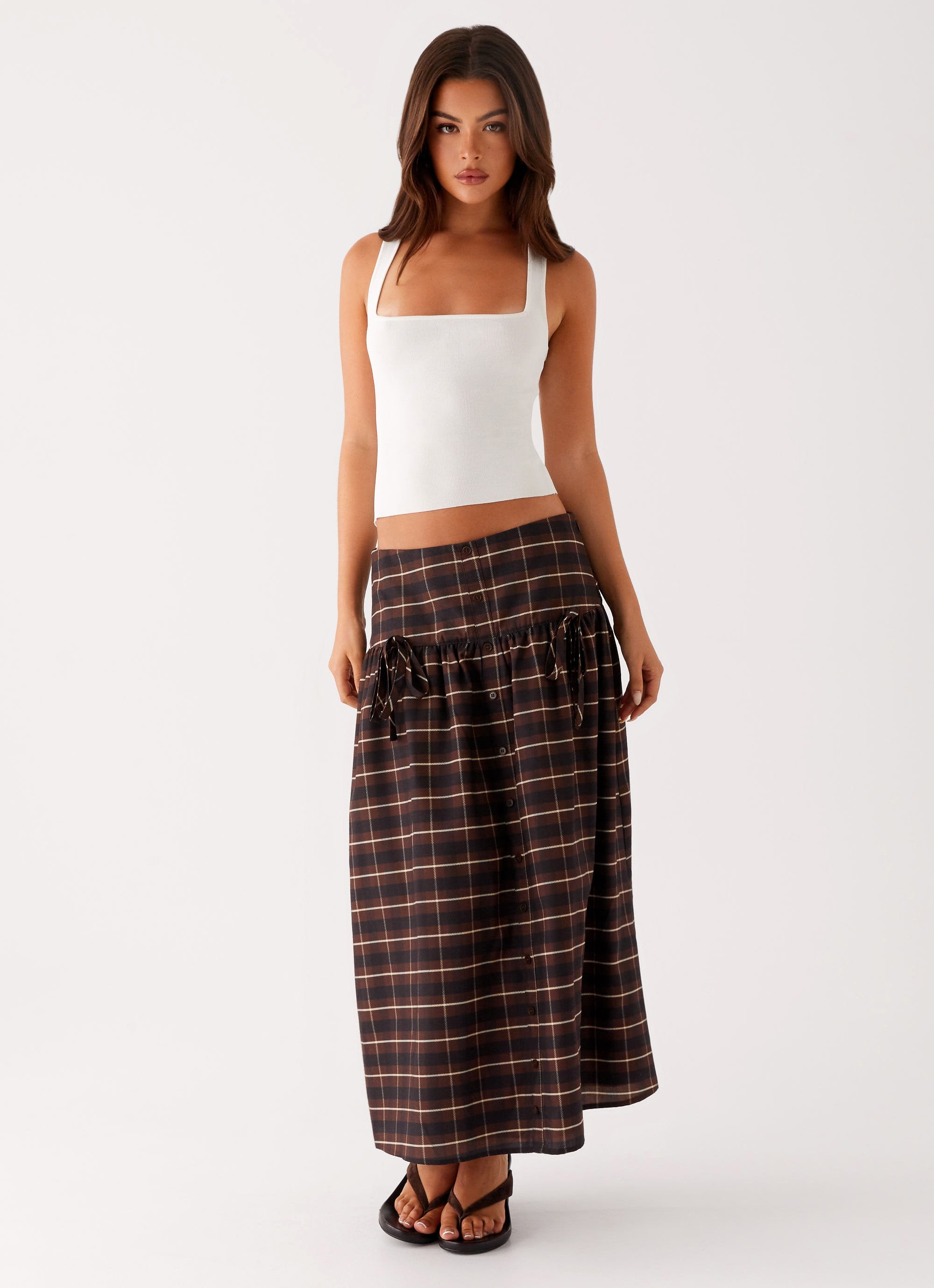 Quiet Places Cotton Midi Skirt - Chocolate Check
